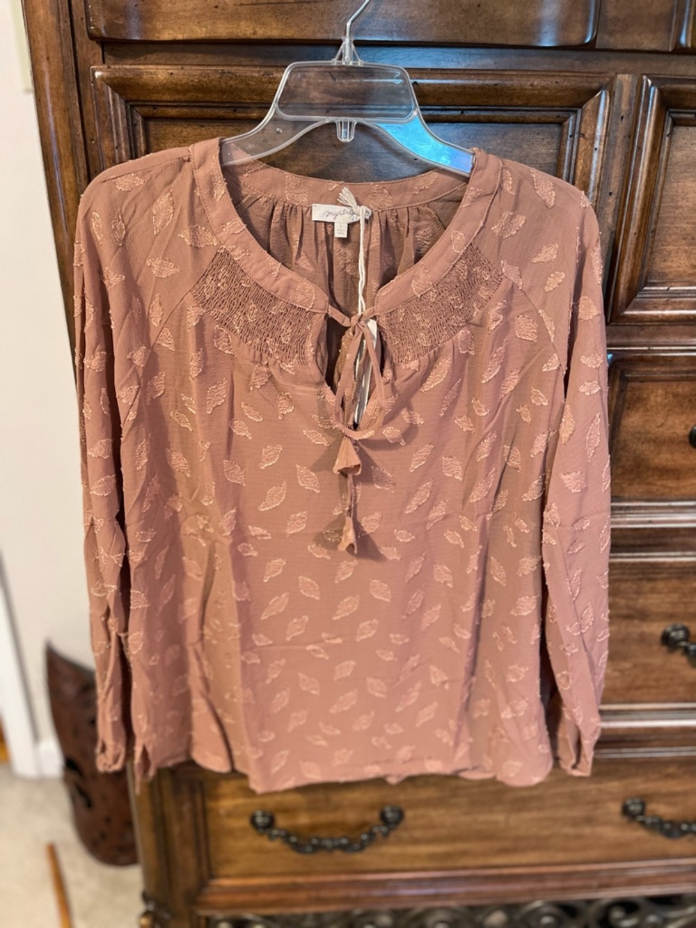 Mystree Dusty Rose Leaf-Print Tassel Tie Blouse